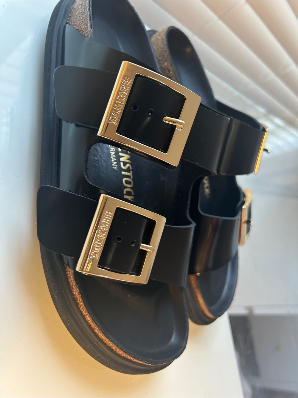 Birkenstock Black Arizona Sandals size 7 / 38 with Gold Buckle